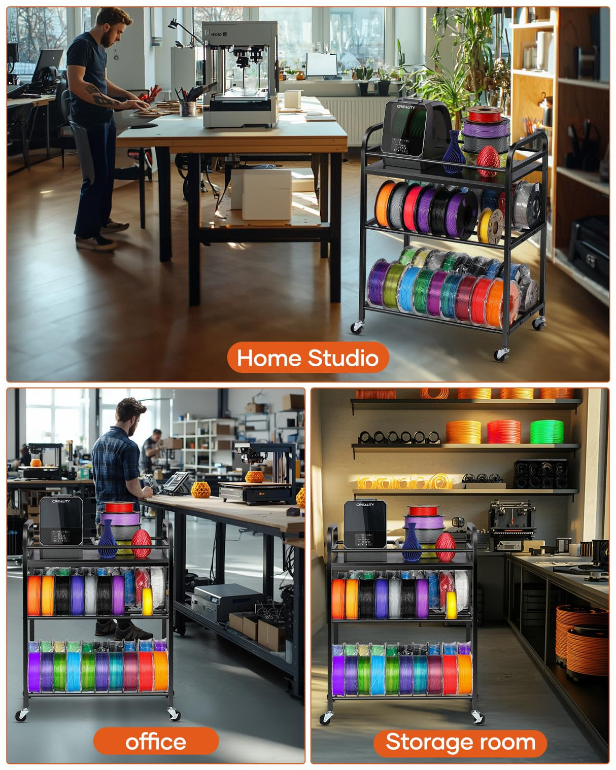 3D Printer Filament Storage Rack- Rolling Filament Spool Holders Racks with Wheels, Heavy Duty Metal Shelf for PLA/ABS/TPU/Nylon, Filaments Organzied for 3D Printing Studio, Office Workshop (Black) Rackgolfic