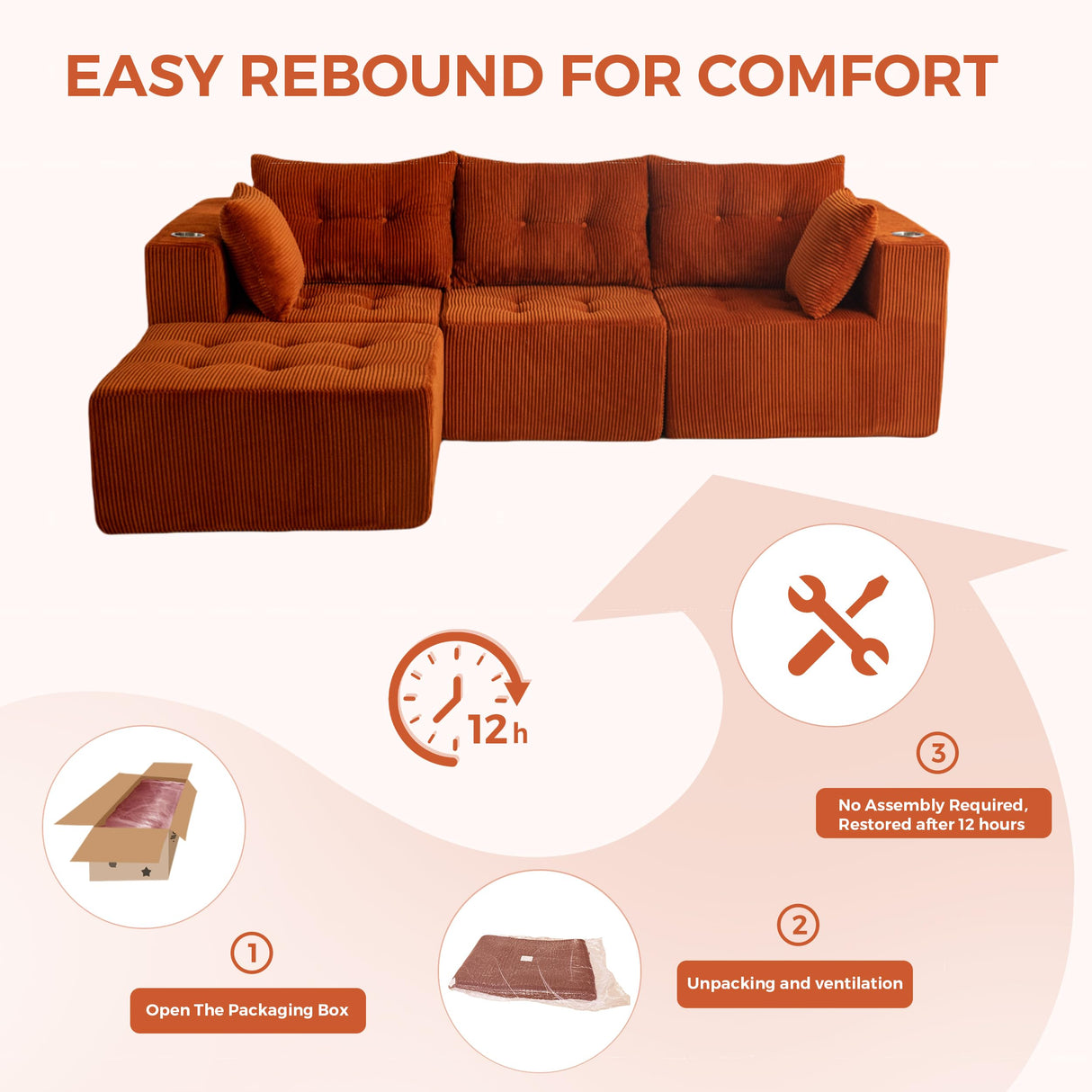MAXYOYO Modular Sectional Sofa Couch, L Shaped Modern Cloud Couch with 1 Ottoman, Sofa in A Box, Tufted 4-Seat Boneless Sleeper Chair for Living Room, No Assembly Required, Orange MAXYOYO