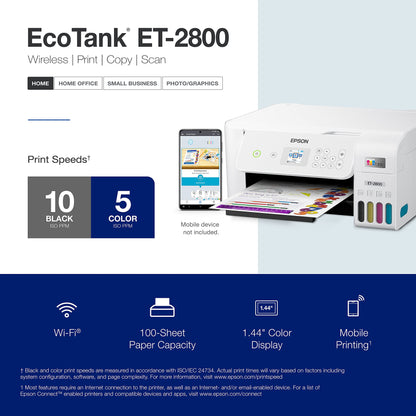 Epson EcoTank ET-2800 Wireless Color All-in-One Cartridge-Free Supertank Printer with Scan and Copy â€“ The Ideal Basic Home Printer - White, Medium