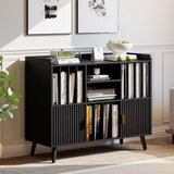 IRONCK Short Bookshelf with Cabinet, Short Bookcase with Doors, Low Bookcases with Charging Station, 2 Shelf Bookcase for Living Room, Office, Black IRONCK