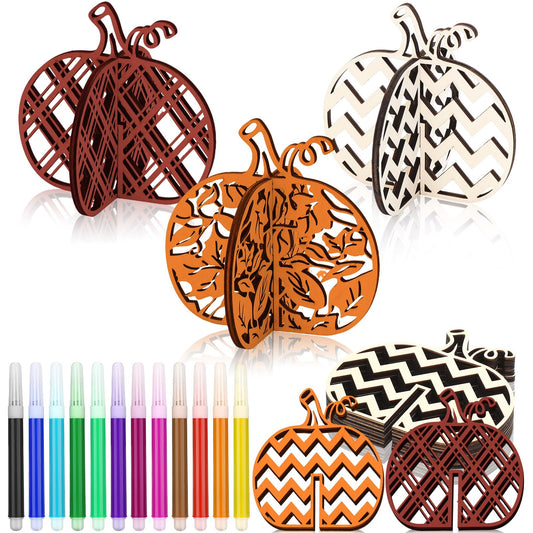 Huwena 24 Pcs Pumpkin Wood DIY Crafts Cutouts with 12 Colored Markers 3D Unfinished Pumpkin Wood Slices Thanksgiving Crafts Fall Pumpkin Crafts for Autumn Harvest DIY Arts Table Tiered Tray Decor