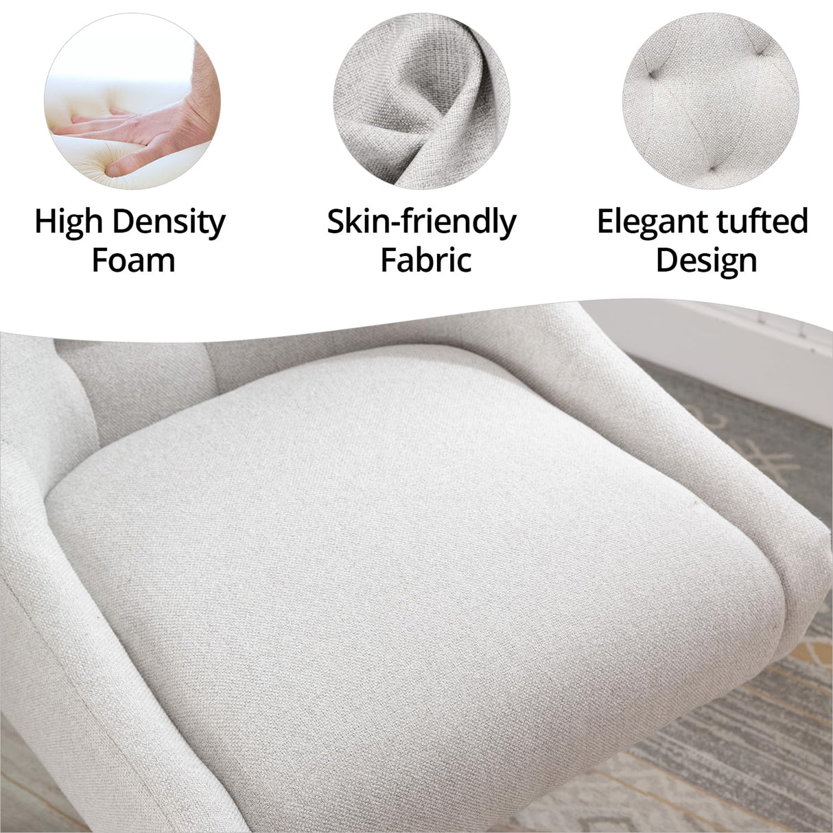 Swivel Home Office Chair, Modern Fabric Upholstered Tufted Accent Computer Desk Chair with Ergonomic Wide Backrest and Wooden Legs, Height Adjustable Swivel Vanity Chair for Office, Beige Zaboro