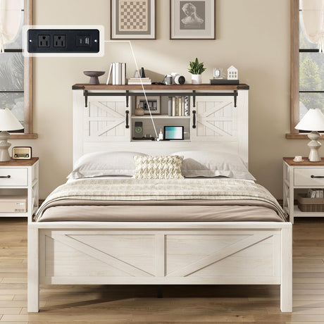 AMERLIFE Farmhouse Full Bed Frame, Rustic Wood Platform Bed Barn Door Storage Bookcase Headboard & Charging Station, Bedroom Furniture, No Box Spring Needed, Antique White AMERLIFE
