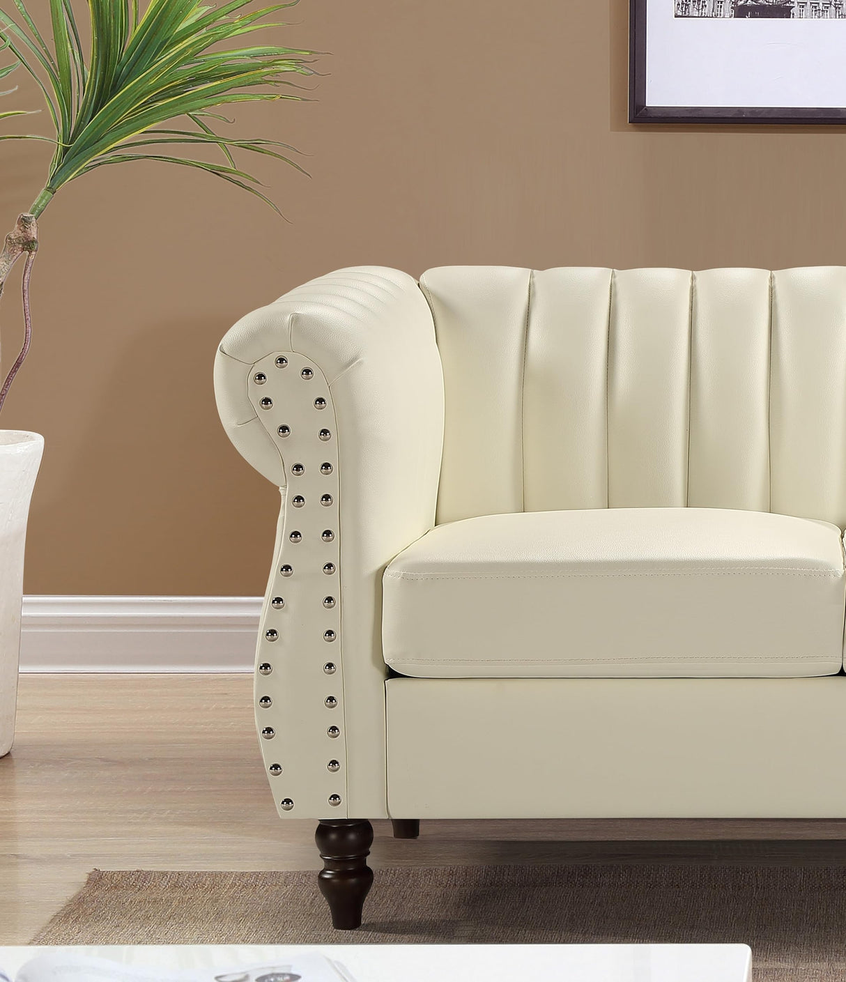 Container Furniture Direct Chesterfield-Inspired 77" Faux Leather Sofa with Elegant Design, Gourd Legs, and Sustainable Pleather Upholstery, 3 Seater Couch for Living Rooms and Offices, Cream White Container Furniture Direct