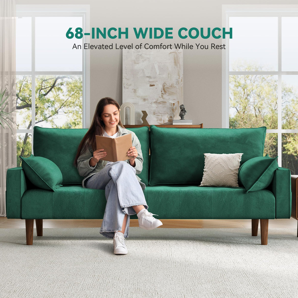 DWVO 68" Loveseat Sofa, Velvet Fabric Sofa Couch for Small Space, Modern Loveseat with Button Tufted Seat and Side Storage Pockect, 3 Seater Couch for Living Room Bedroom, 2 Pillows Included, Green DWVO