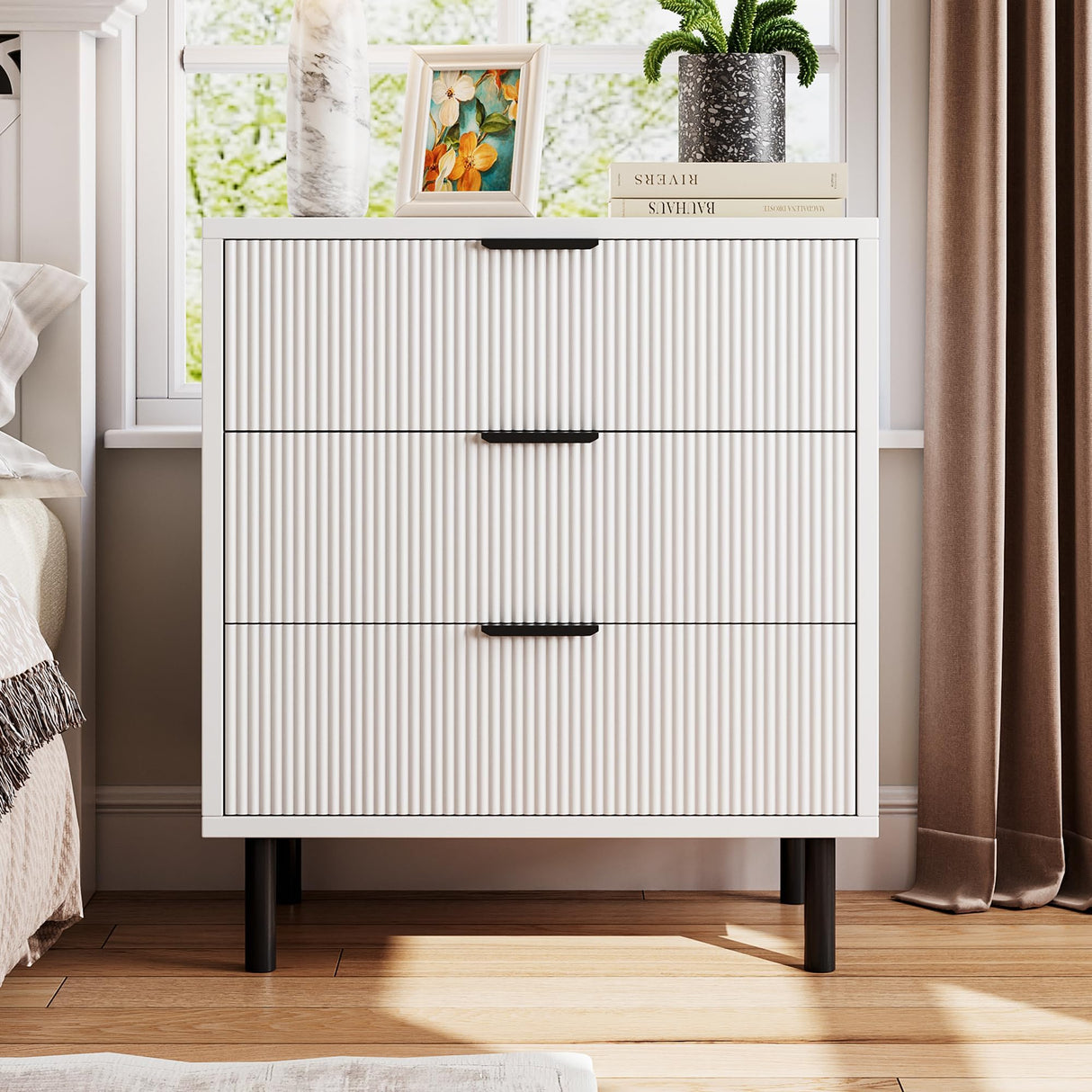 GAOMON White Wave Fluted 3 Drawers Dresser, Wide Wood Chest of Drawers, Modern Storage Dresser Chest of Drawers Organizer with Metal Legs and Anti-Tipping Device for Bedroom Living Room GAOMON