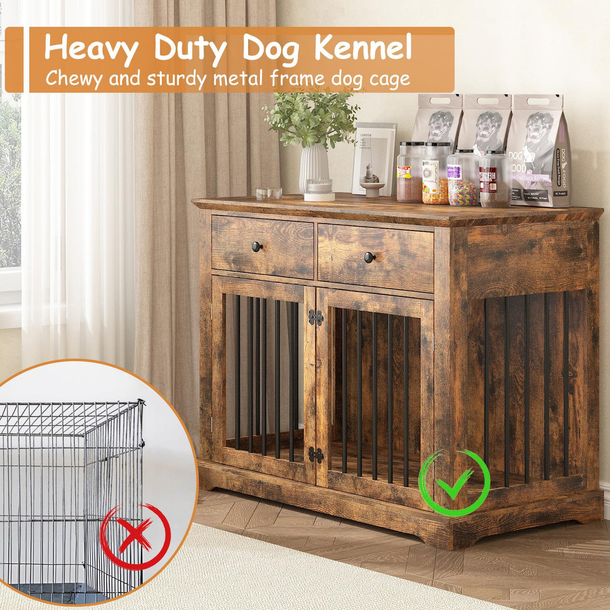 PRETZI Dog Crate Furniture, 44 Inch Wooden Dog Kennel Indoor with 2 Storage Drawers, Heavy Duty Large Dog Crate Furniture, Rustic Style Decorative End Table Dog Cage for Small/Medium/Large (Brown) PRETZI