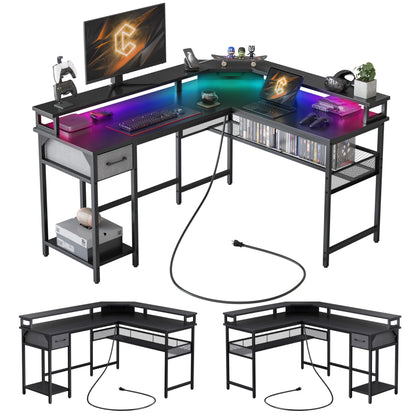 CubiCubi 58" L Shaped Gaming Desk with RGB LED Lights, Power Outlets & Storage Solutions - Black - WoodArtSupply