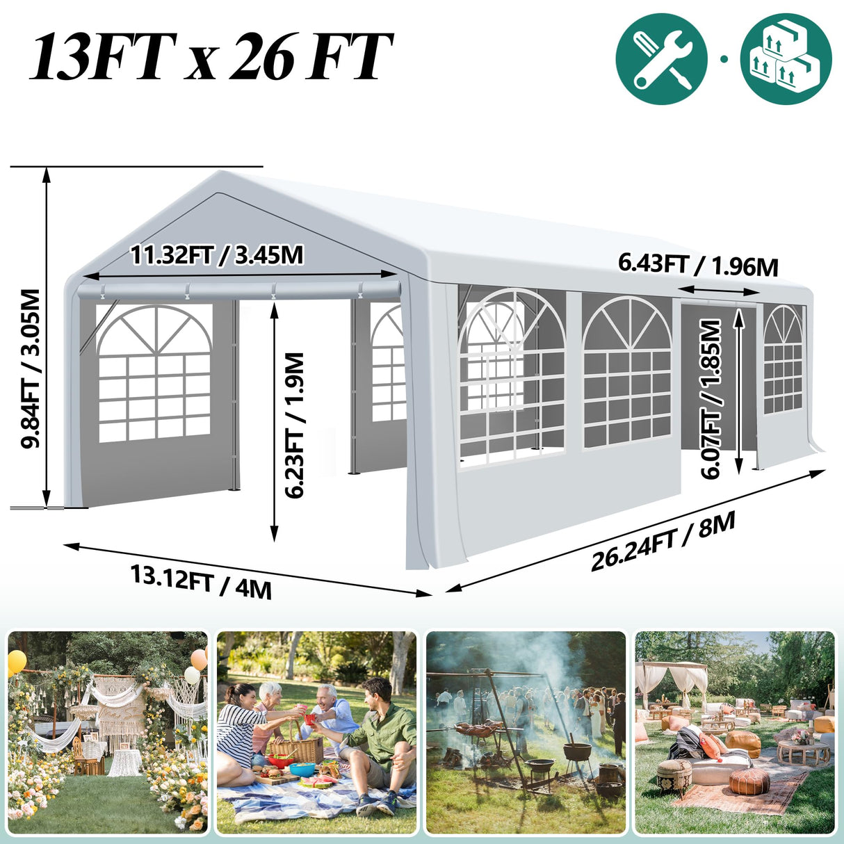 GARTOO 13' x 26' Heavy Duty Party Tent - Outdoor Event Shelter Canopy Wedding Gazebo with 4 Sand Bags for Outdoor Event, Wedding, Birthday Party GARTOO