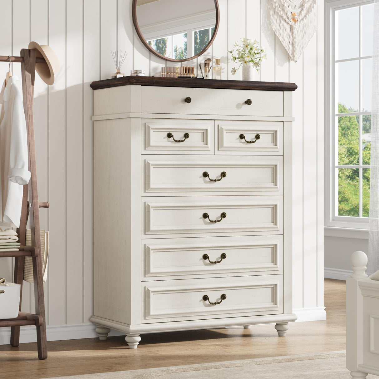 Jocoevol Farmhouse Dresser for Bedroom 7 Drawer Dresser with Deep Drawers, Tall White Big Large Wooden Chest of Drawers for Living Room, Hallway, Entryway (White, 7 Drawer) Jocoevol