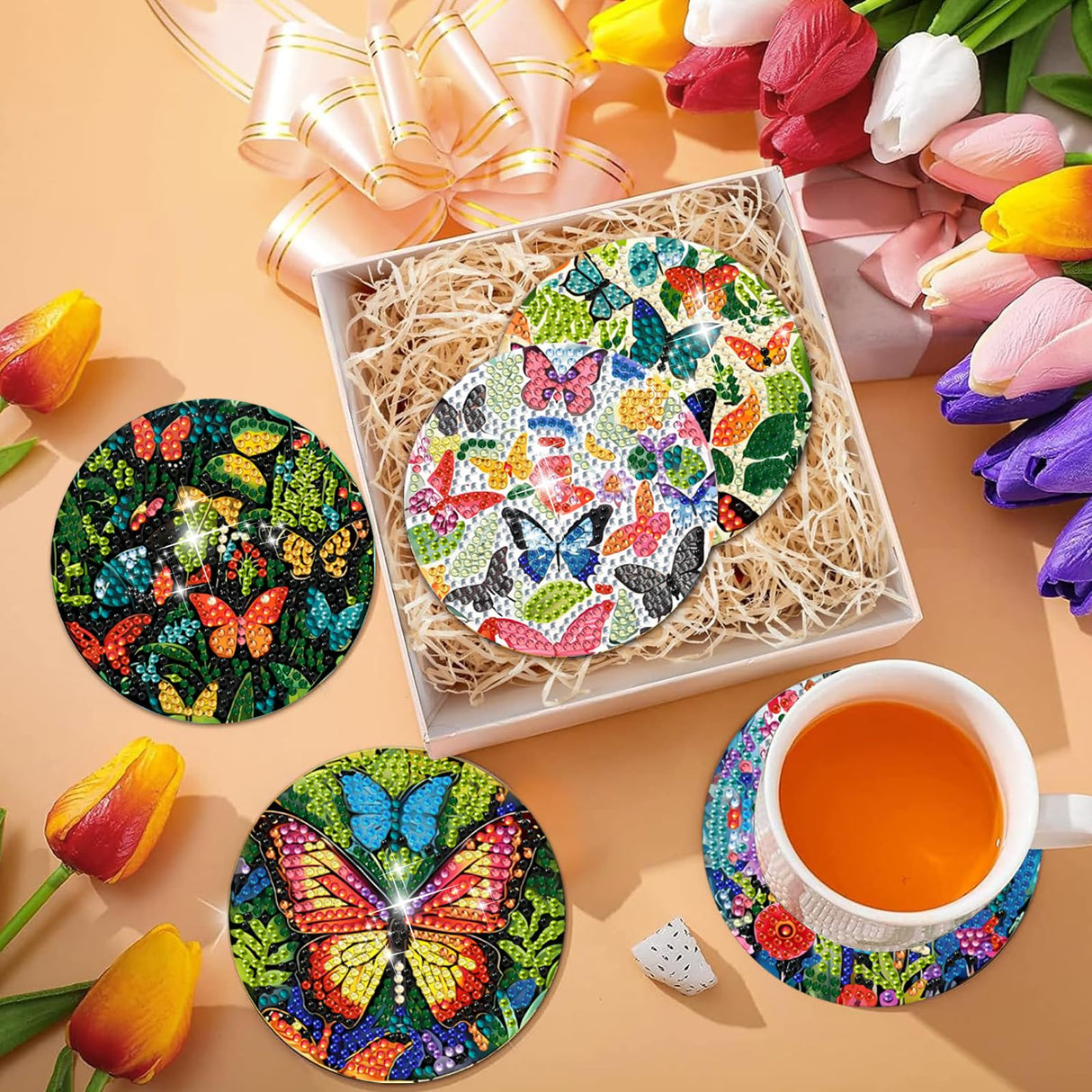 EWJRNSF 8 PCS Diamond Art Coasters Kit, Small Diamond Painting Coasters, Fall Butterfly Diamond Art Kits for Adults Beginners, Arts and Crafts Supplies Item Sets with Holder EWJRNSF