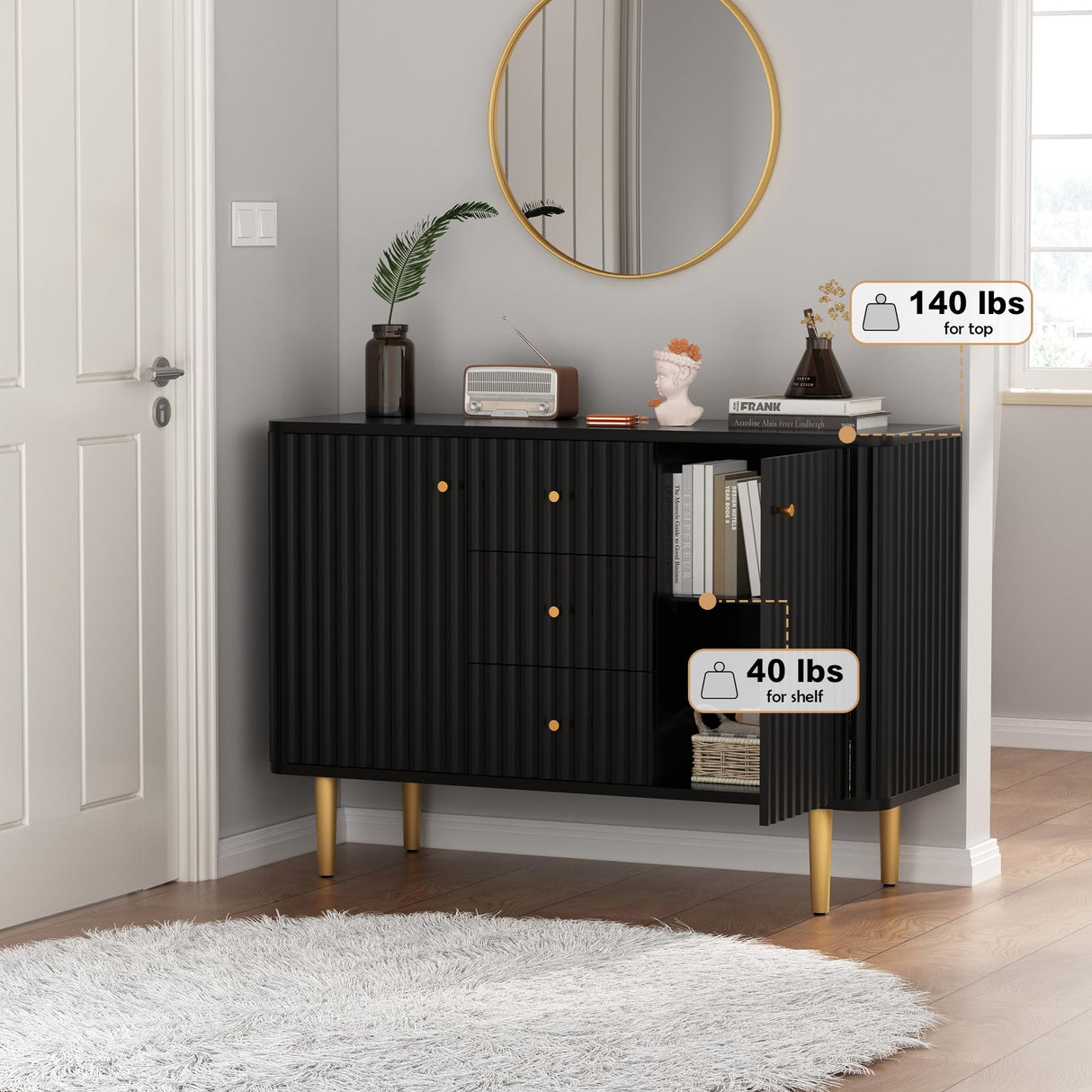 ARTPOWER Black Sideboard Buffet Cabinet with Drawers, 48" Fluted Accent Cabinet, Modern Credenza Storage Cabinet Console Table with Drawers for Entryway, Living Room, Dining Room ARTPOWER