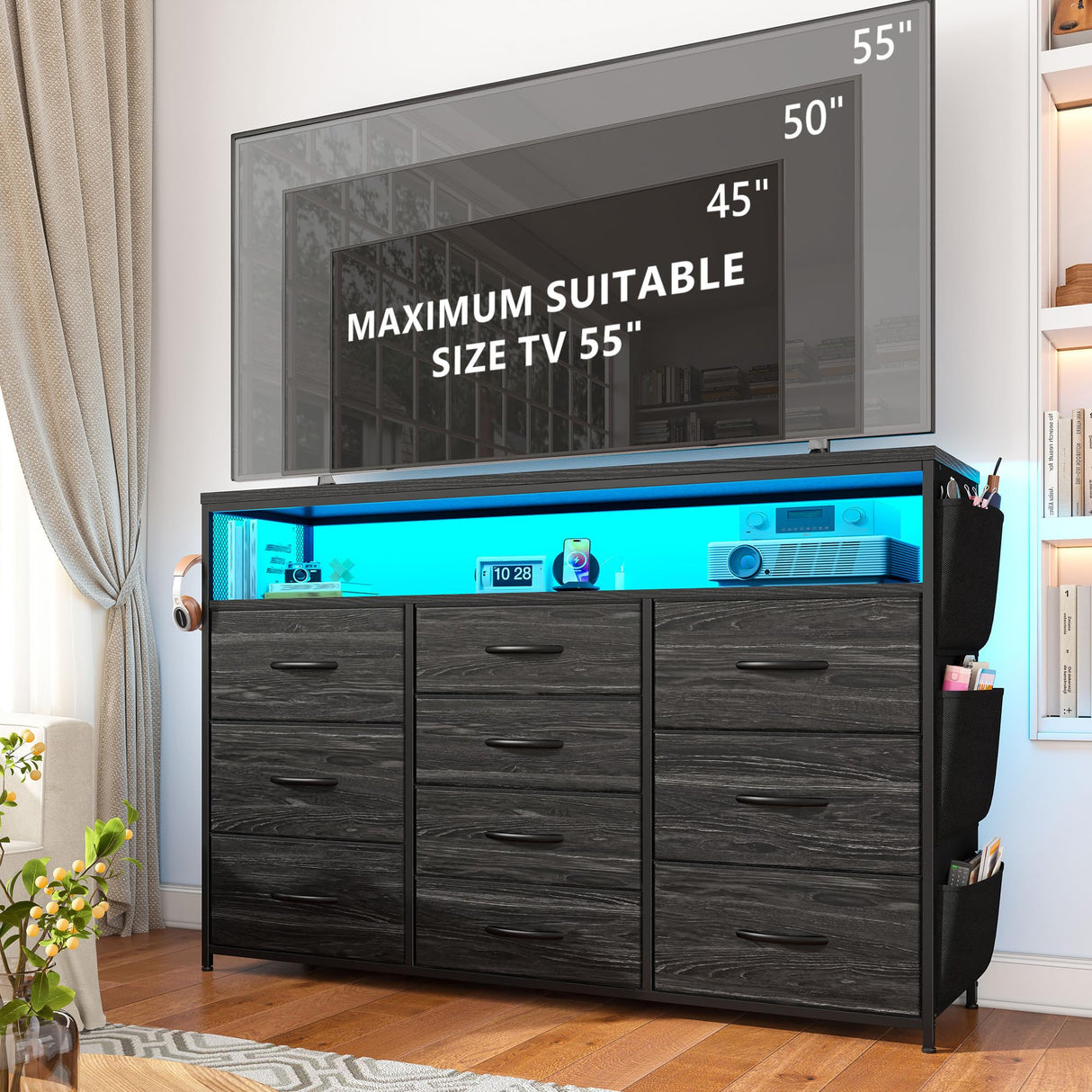 EnHomee 55" Dresser & TV Stand with 10 Fabric Drawers, Wooden Open Shelves, Power Outlets & LED Lights, Multi-Functional Storage Unit for Bedroom, Closet, Black EnHomee