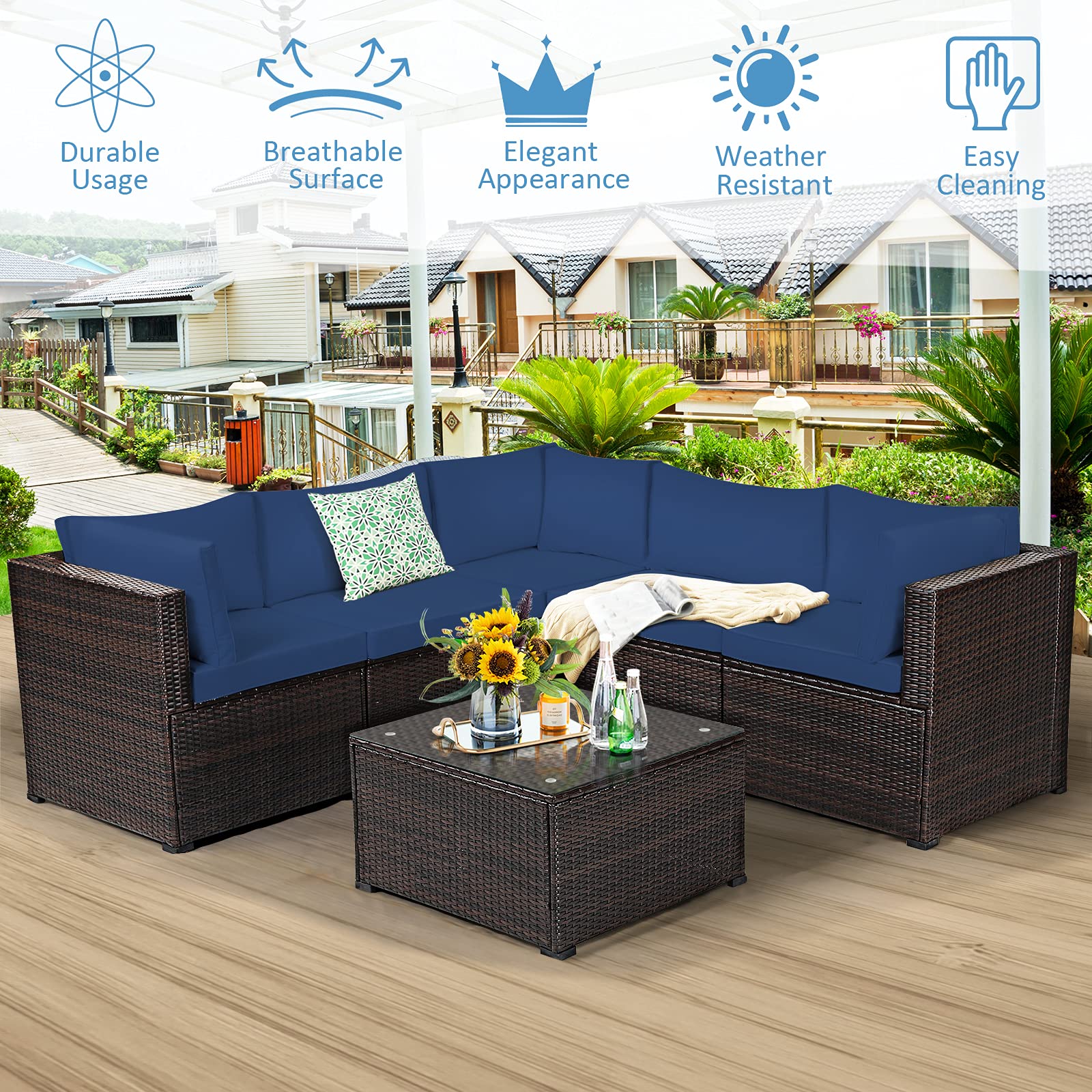 Tangkula 6 Pieces Patio Furniture Set, Outdoor Rattan Sofa Set, Wicker Conversation Set w/Tempered Glass Coffee Table & Cushions, Sectional Sofa Set for Backyard, Garden, Balcony, Poolside - WoodArtSupply