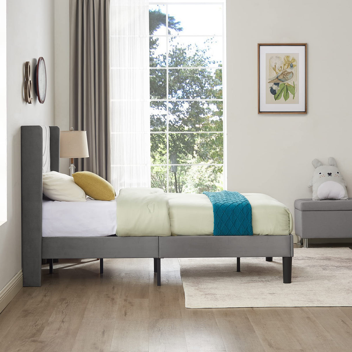 VECELO Twin Size Upholstered Platform Bed Frame with Stylish Fabric Headboard in Dark Grey VECELO