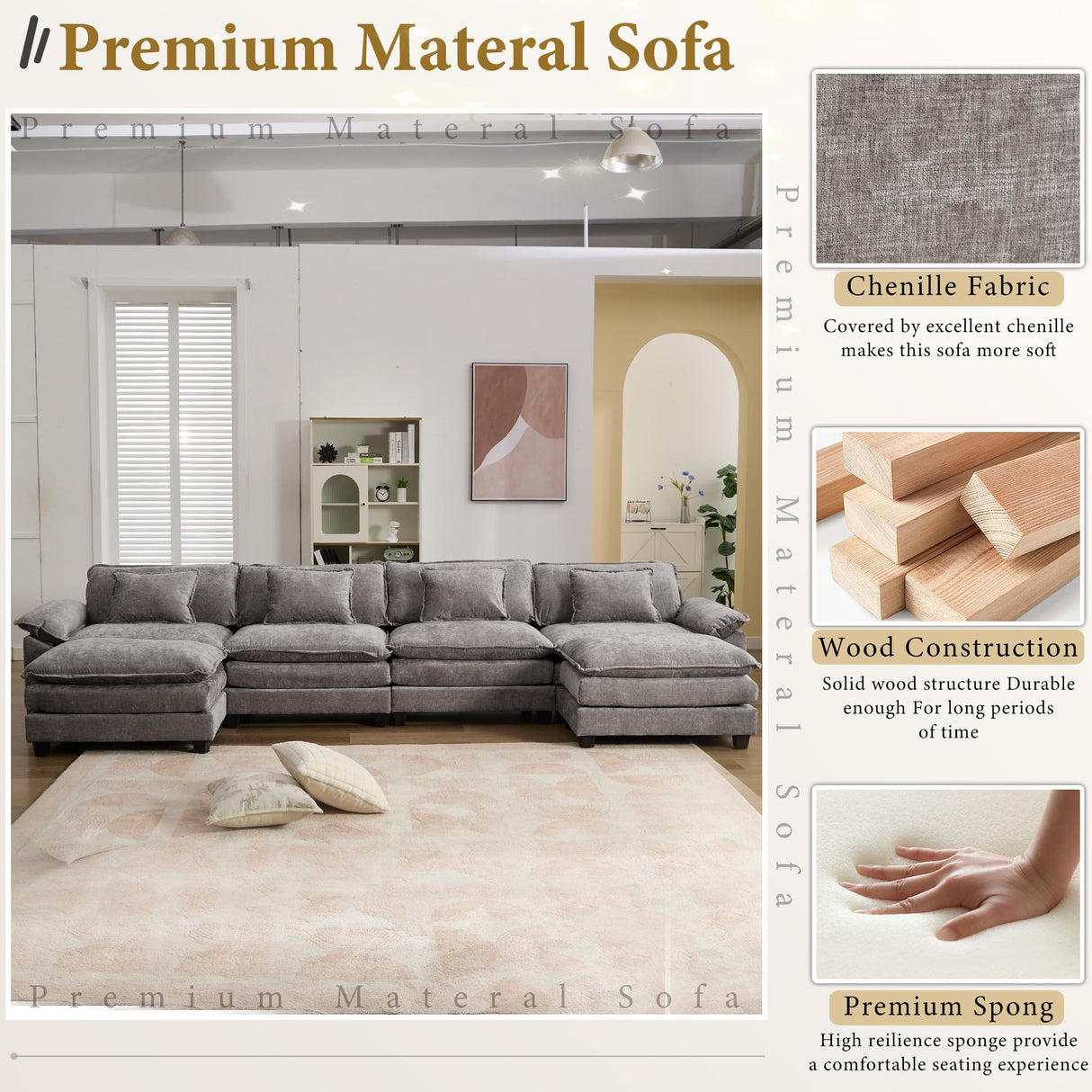 URRED Modular Sectional Sofa Comfy Cloud Couch, Modern Chenille Sofa Sleeper Deep Seat Couches with Ottoman/Pillows for Living Room (Gray, 154'' - U Shape) URRED