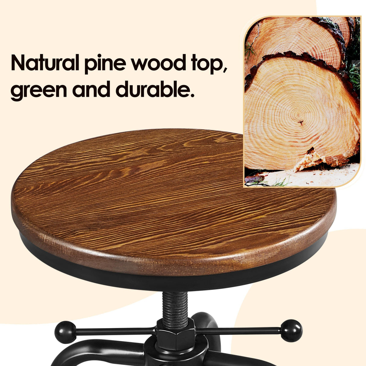 Yaheetech Industrial Bar Stool Vintage Counter Stool Rustic Counter Height Bar Stool Adjustable Metal Stool with Round Wood Seat Kitchen/Dining/Cafe Chair 20-27 Inch Tall, Brown, 1PCS Yaheetech