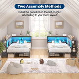 Twin Corner Bed Frame with Storage Bookcase, Twin Daybed with Charging Station and LED Light, Kids Bed Unit with Storage Drawers Underneath, Dark Grey Modern Metal Platform Bed Frame Twin Size LUSIMO