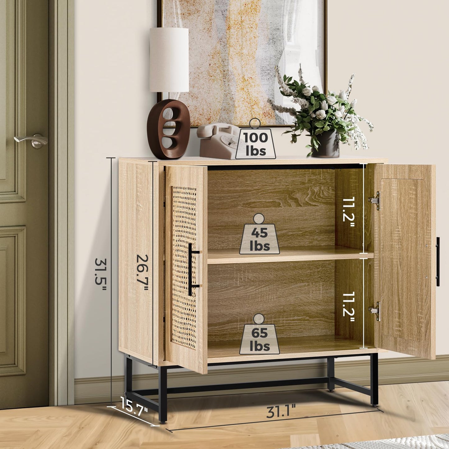 KFO Storage Cabinet with Handmade Natural Rattan Doors, Rattan Cabinet Sideboard Buffet Cabinet, Accent Cabinet for Living Room, Hallway, Dining Room, Entryway