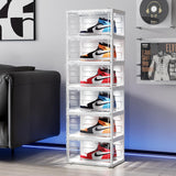 BROVIEW Led Shoe Boxes, Shoe Display Case with Lights, Large Clear Plastic Foldable Shoe Storage Box, Voice Activated Led Shoe Organizer Sneaker Case, Collection Crate, 1 Row 6 Tier White BROVIEW