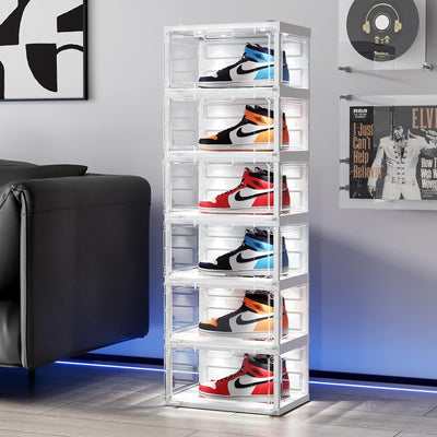 BROVIEW Led Shoe Boxes, Shoe Display Case with Lights, Large Clear Plastic Foldable Shoe Storage Box, Voice Activated Led Shoe Organizer Sneaker Case, Collection Crate, 1 Row 6 Tier White