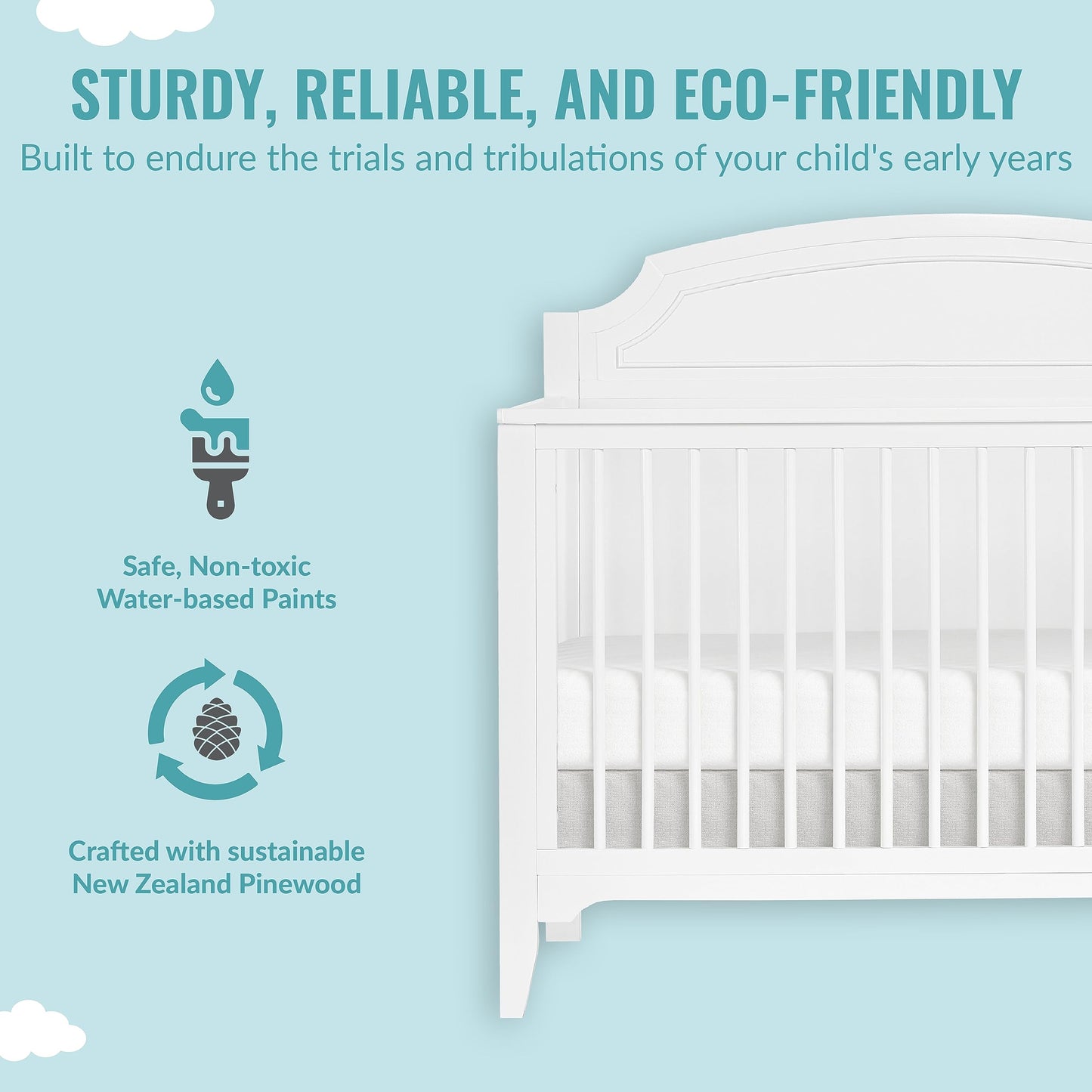 Dream On Me JPMA & Greenguard Gold Certified Milton 5-in-1 Convertible Crib Made with Sustainable New Zealand Pinewood in White, Non-Toxic Finish