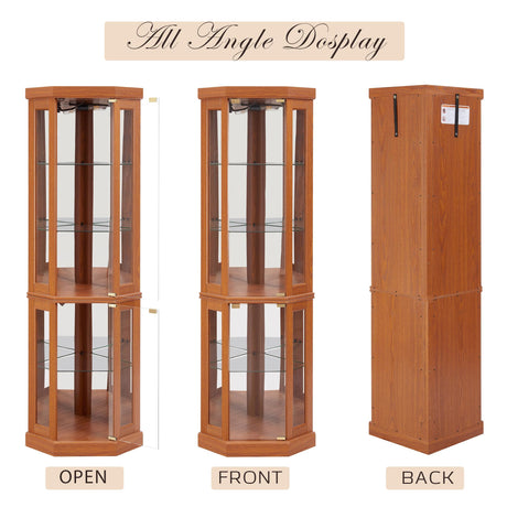 CKEASEAN Corner Curio Cabinet, 70" H Lighted Glass Display Cage with Tempered Glass Doors and Adjustable Shelves, Bulb Inclued, Wine Bar China Cabinet for Living Room Liquor Storage (Dark Oak) CKEASEAN
