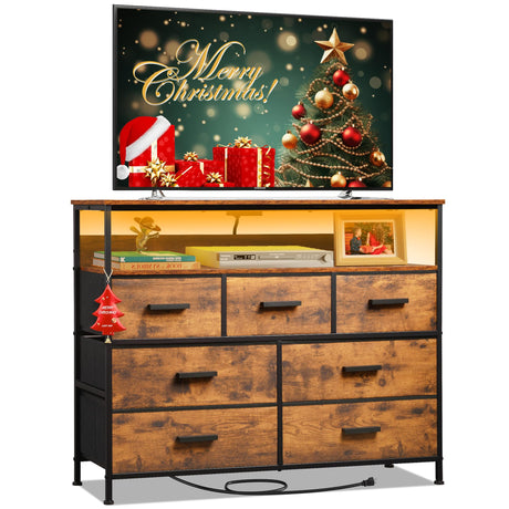 NASHZEN Dresser TV Stand with 7 Drawers, Dresser TV Stand with LED Lights & Power Outlets, Bedroom Dresser, Chest of Drawers up to 45'' Long TV, Wide Fabric Dresser with Open Shelf (Rustic Brown) NASHZEN