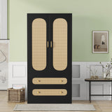 MJADUE Wood Wardrobe Closet with 2 Doors and Drawers, Wooden Closet Storage Cabinet with Gold Handles for Clothes, Rattan Freestanding Wardrobe Cabinet for Bedroom/Apartment,Black MJADUE