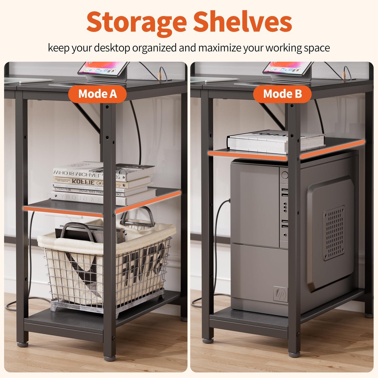 JOISCOPE Home Office Desk with Power Outlets (3AC, USB, Type-C), 60 × 20 Inch Computer Desk with Reversible Shelves, Laptop Table with Display Riser, Gaming Study Drafting Table for Bedroom, Black JOISCOPE