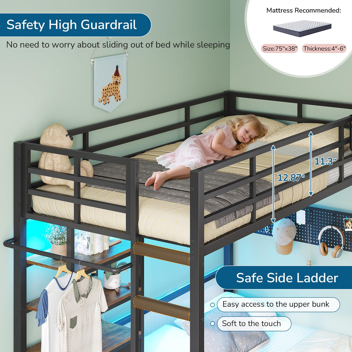 Twin Over Full Size Bunk Bed with 4 Storage Drawers and Bookshelf, Metal Bunk Beds with LED Lights, Charging Station, Loft Bunk Bed with Pegboard, Safety Guardrail and Ladders, for Kids, Teens, Adults mojiasion