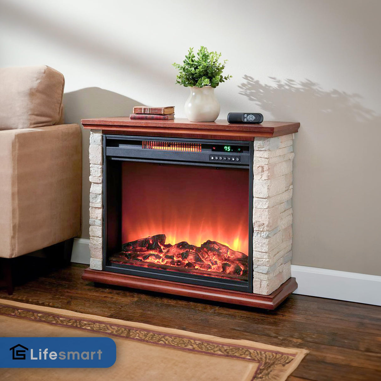 LifeSmart LifePro 1500 Watt Electric Infrared Quartz Fireplace Heater for Indoor Use with 3 Heating Elements and Remote, Faux Stone & Oak Wood LIFESMART GLOBAL