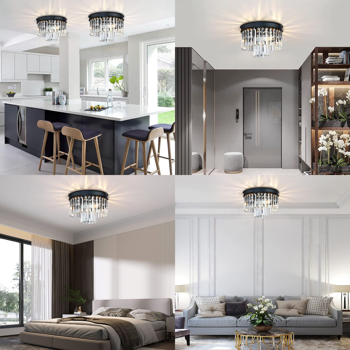 Crystal Flush Mount Ceiling Light Black Finish,2-Tier Crystal Close to Ceiling Light Fixture for Living Room Bedroom Dinning Room Hallway MEXO