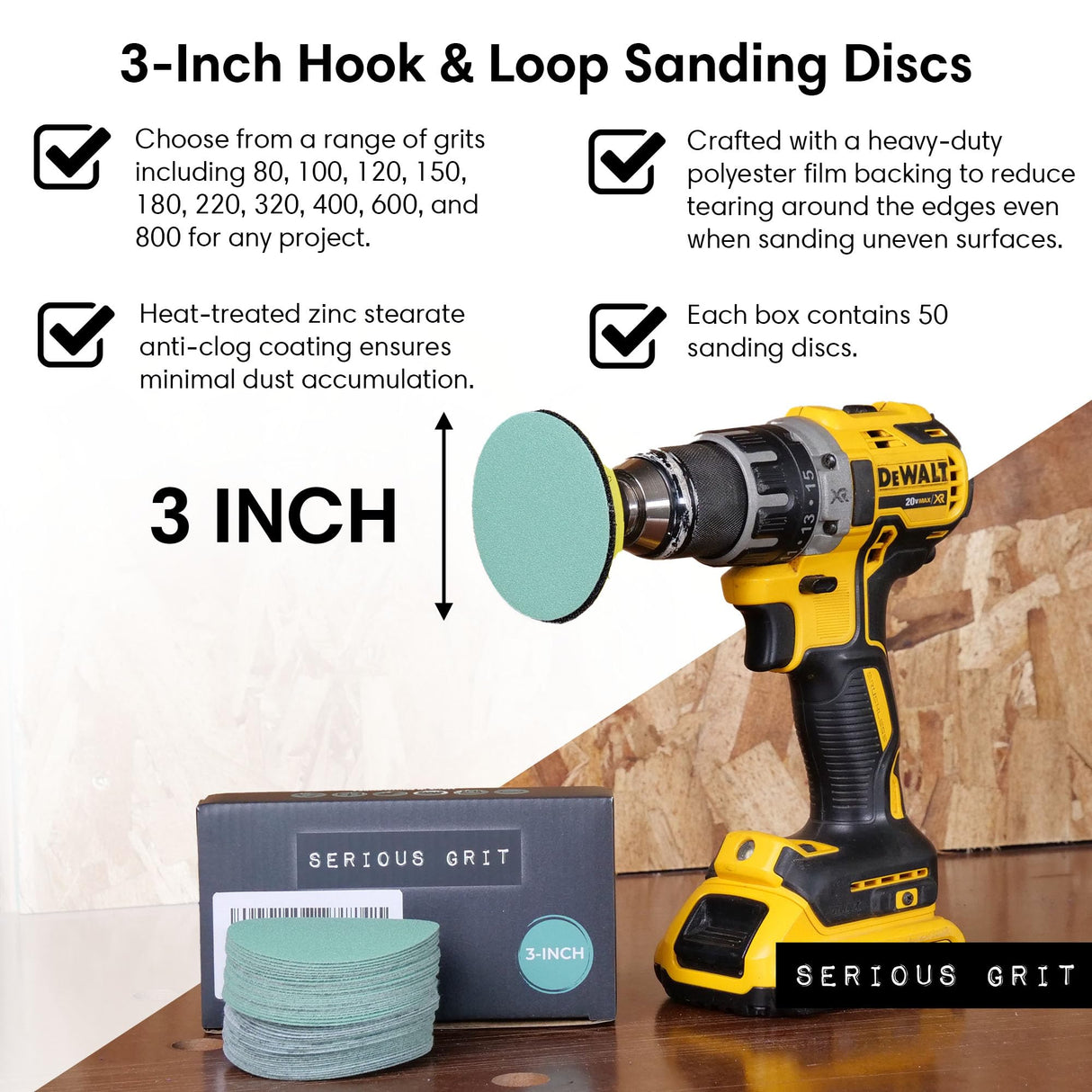 Serious Grit - 3-Inch 400 Grit Sanding Discs - Heavy-Duty Hook & Loop Film Discs - Sandpaper for Woodturning, Bowl Sanding & Power Tool Drill Attachment Sanding Pads - Pack of 50 Serious Grit