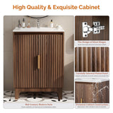 VINGLI Fluted Bathroom Vanity with Ceramic Sink, Bathroom Vanity Cabinet with 2 Doors, 24 Inch Restroom Sink Cabinet Combo, Mid-Century Modern Floor Storage Cupboard w/U Shape Shelf Walnut VINGLI