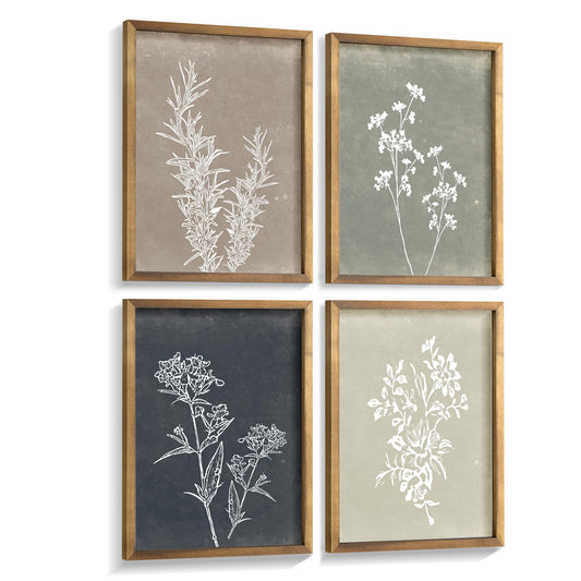 Framed Boho Wall Art Set of 4 for Wooded Minimalist Botanical Print Wall Art for Rustic Vintage Farmhouse Home Kitchen Wall Decor (Brown, 12x16)