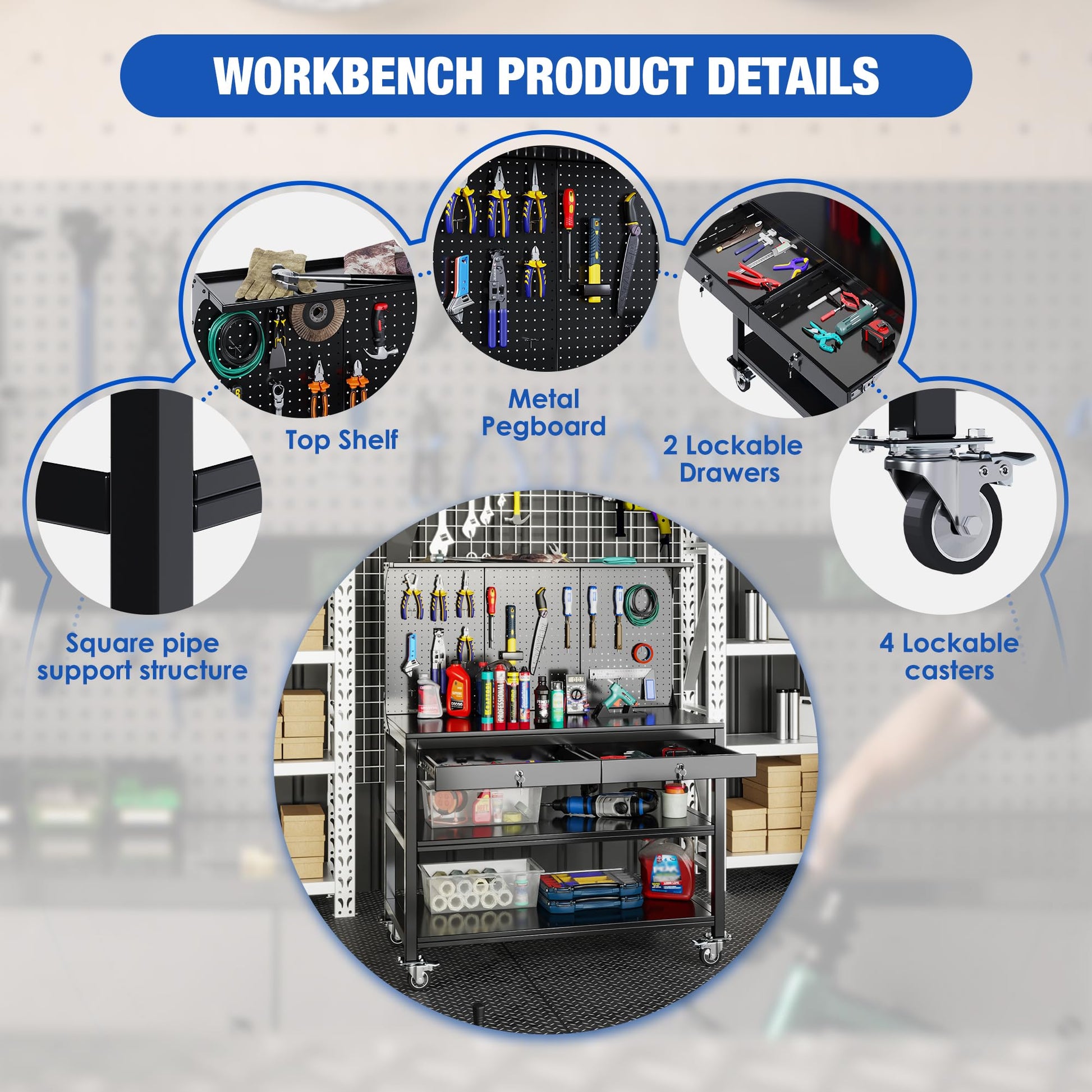 NICOMOW Workbench with Drawers,Heavy-Duty Steel Garage Workbench with Pegboard Shelves,Tool Bench with Wheels,Garage Workbench with Storage for Garage, Home, Workshop, Auto Shop, Basement(Bla - WoodArtSupply