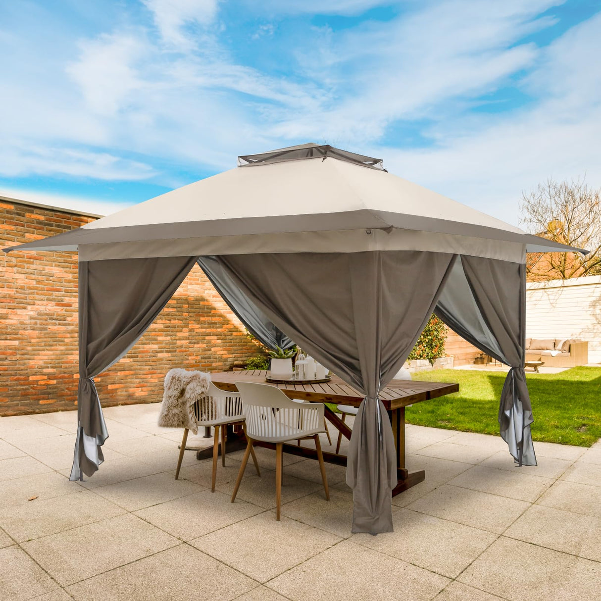 EAGLE PEAK 13x13 Pop Up Gazebo with 4 Wall Panels, Easy Up Canopy for Patio and Backyard, Easy Set up Outdoor Gazebo (Beige/Brown) EAGLE PEAK