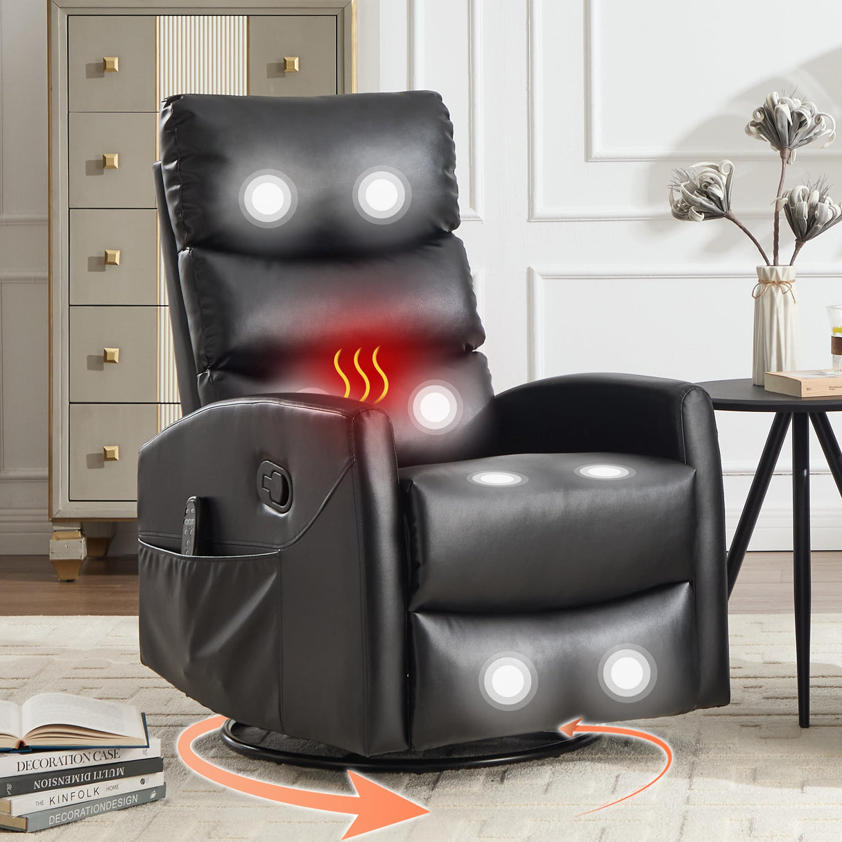 Manual Swivel Rocker Recliner Chair with Massage, Overstuffed Recliner Glider with Vibration Massage and Heat for Nursery, Living Room Reclining Sofa Chair, PU Leather Black Luxlen
