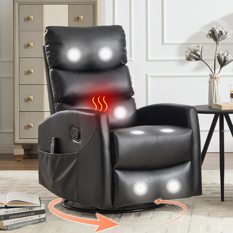 Manual Swivel Rocker Recliner Chair with Massage, Overstuffed Recliner Glider with Vibration Massage and Heat for Nursery, Living Room Reclining Sofa Chair, PU Leather Black Luxlen