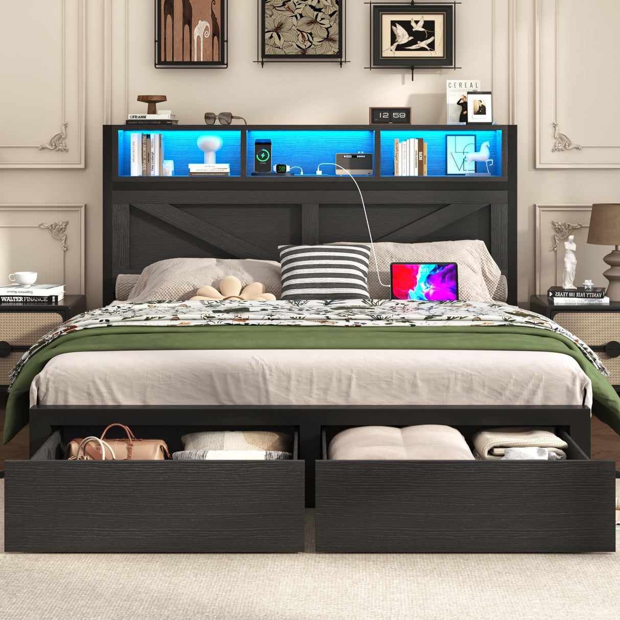 Incyneva Farmhouse Full Bed Frame with Bookcase Storage Headboard, Charging Station, LED Light and 2 Storage Drawers, Noise Free, No Box Spring Needed, Black Incyneva