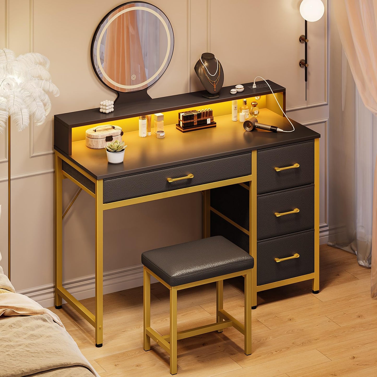 Seventable Vanity Desk with 4 Fabric Storage Drawers, Vanity Table and Chair Set with Power Outlet & LED Strip, Makeup Table with 3 Adjustable Lighting Modes for Bedroom, Black Gold