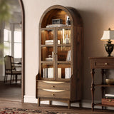 STO'SENSE 73" Tall Arched Bookshelf with LED Lights,4-Tier Modern Farmhouse Arched Bookcase with Glass Doors and Shelves,Wooden Display Cabinet with 2 Drawers for Living Room, Dining Room (Walnut) STO'SENSE