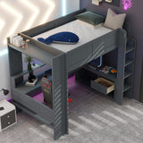 Wood Full Size Gaming Loft Bed with Desk, Multifunctional Gaming Bed with Multi-Storage Shelves, LED and Charging Station, Guardrail and Ladder, High Loft Bedframe for Teens Adults, Dark Gray Janusline