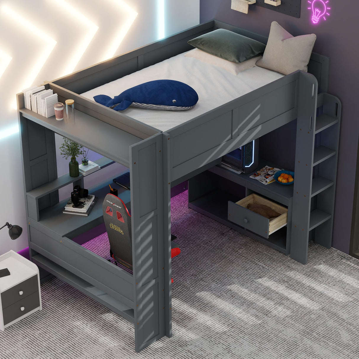 LUMISOL Full Size Wood Gaming Loft Bed with Desk, Drawer, Storage Shelves, LED Lights & USB Ports, Wooden Loft Bed Frame with for Kids, Teens, Boys, Bedroom, Noise Free, Grey LUMISOL
