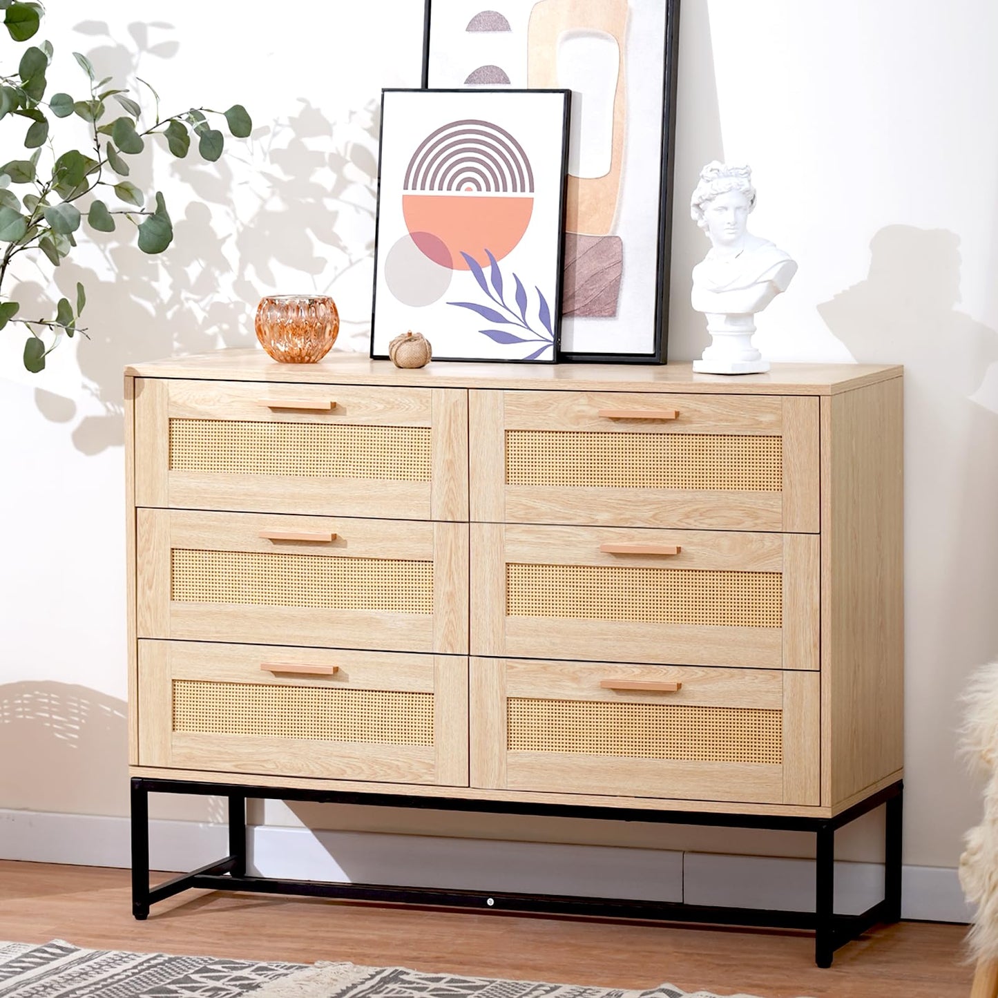 CCF Rattan Dresser 6 Drawer Dresser for Bedroom Mid Century Modern Dresser Natural Rattan Chest of Drawer Light Wood Dresser Boho Dressers for Entryway,Bedroom,Living Room，Hallway,43.4'*31.5' - WoodArtSupply