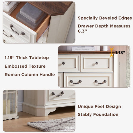 T4TREAM Farmhouse 5 Drawers Dresser for Bedroom, 48" Tall Wood Rustic Chest of Drawers with Natural Texture, Vintage Design, Storage Dressers Organizer for Bedroom, Living Room, Hallway, Antique White T4TREAM