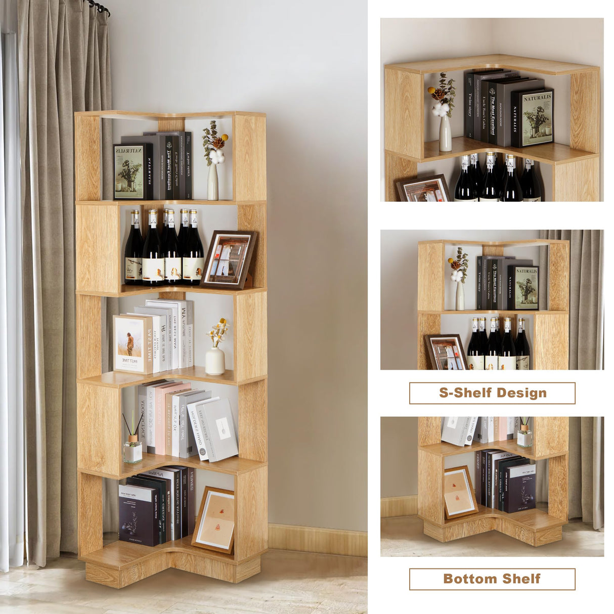 Modern 5-Tier Corner Bookshelf by tonchean - 69" Tall Free-Standing Wooden Storage Solution for Home & Office tonchean