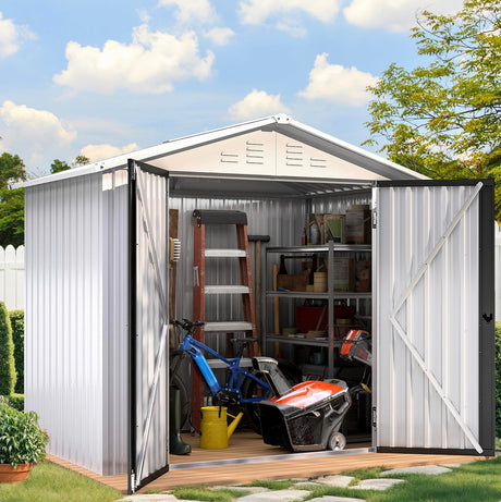 DWVO 6x4ft Storage Shed for Outdoors, Metal Sturdy Weatherproof Tool Locker with Secure Door and Ventilation for Equipment, Mowers, Bikes, Outdoor Spaces, White DWVO