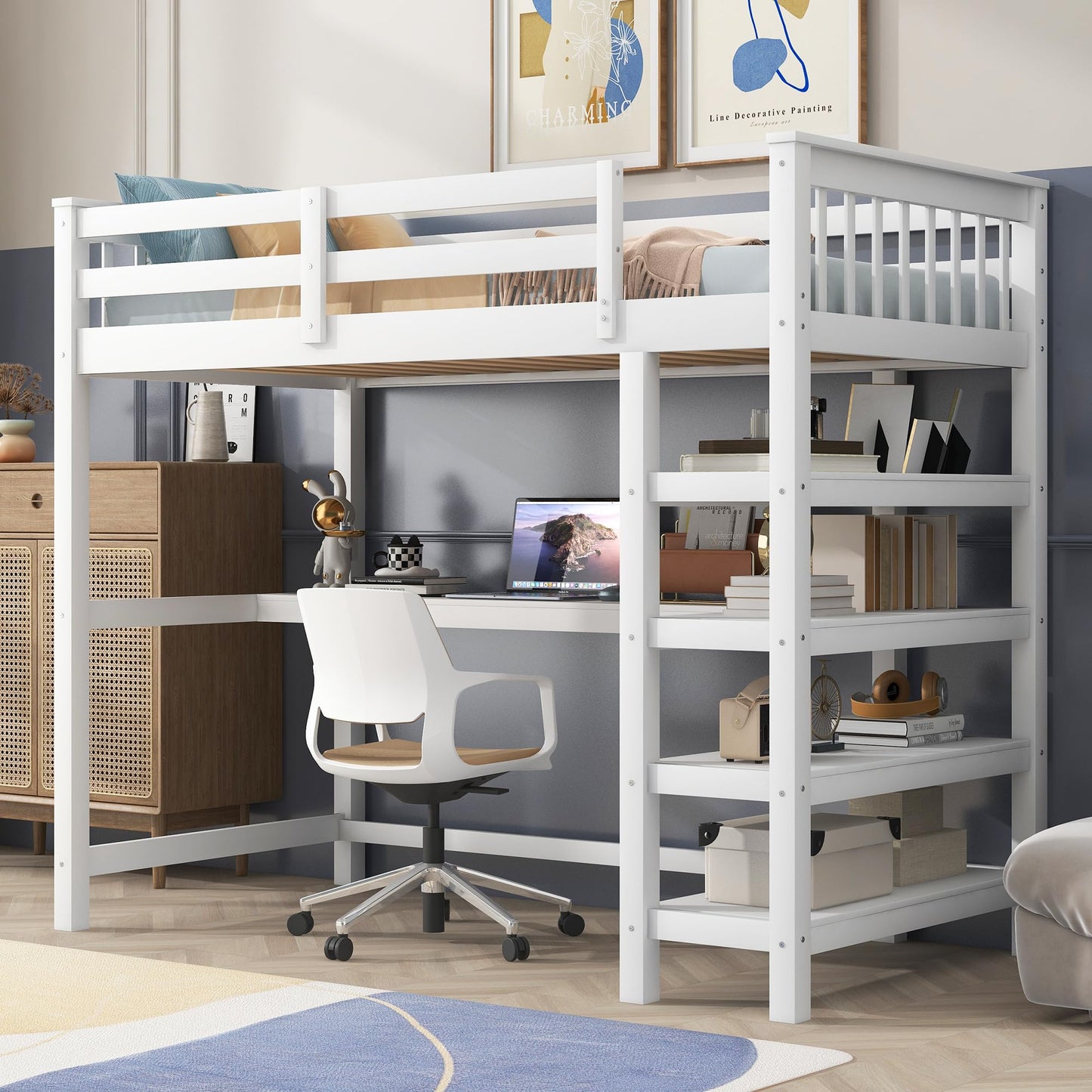 Merax Twin Size White Wood Loft Bed with Under-Bed Desk and 4 Storage Shelves - WoodArtSupply